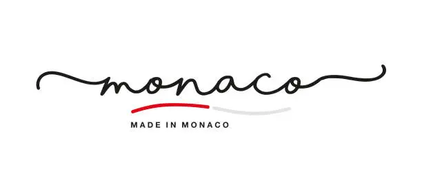 Vector illustration of Made in Monaco handwritten calligraphic lettering logo sticker flag ribbon banner