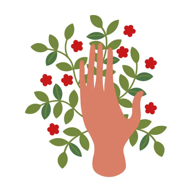 Vector illustration of Hand and plants hand drawn flat vector illustration isolated background. Hand palm hand close nature from pollution, save the planet, save energy, concept for Earth Day. Design element for card, print