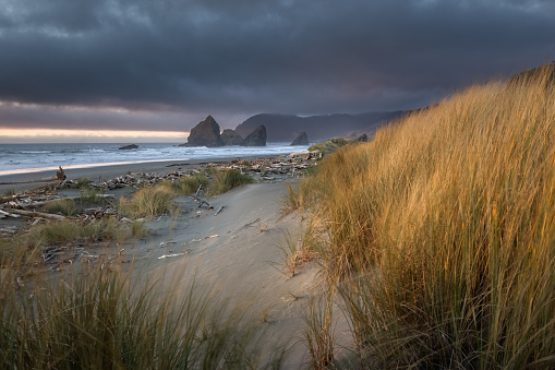 A beach with a rocky shoreline and a large body of water. The sky is cloudy and the sun is setting