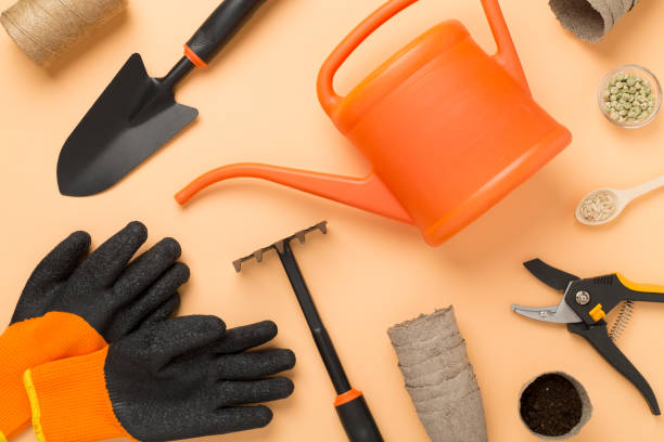 istock Orange gardening tools on color background, top view 2081846080