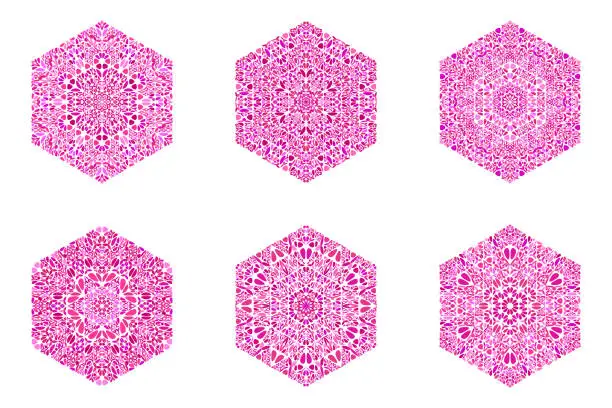 Vector illustration of Ornate isolated floral mosaic hexagon polygon set