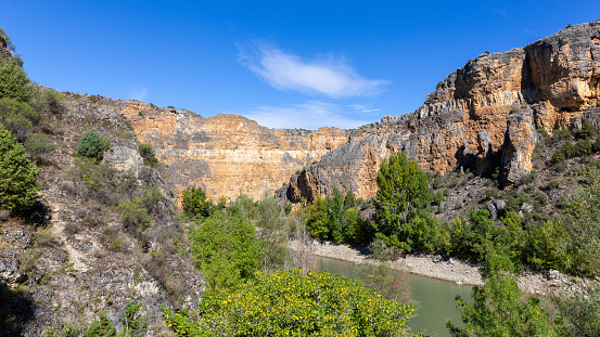 Hoces del Rio Duraton Nature Reserve (Parque Natural de las Hoces del Río Duratón) with limestone vertical cliffs with layers, river and lush green vegetation.