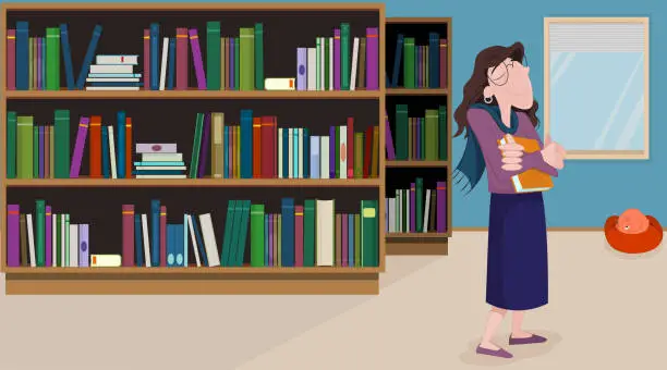 Vector illustration of Library. Happy writer with her published book in her hands. Shelves of books, and cat lying down.