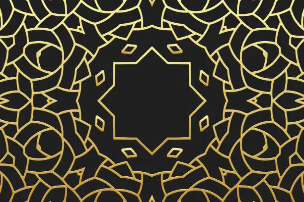 Vector illustration of Embossed black background, cover design. Handmade. Geometric openwork gold 3D pattern. Ornaments, arabesques, boho style. Traditions of the East, Asia, India, Mexico, Aztec. Current design and decor.