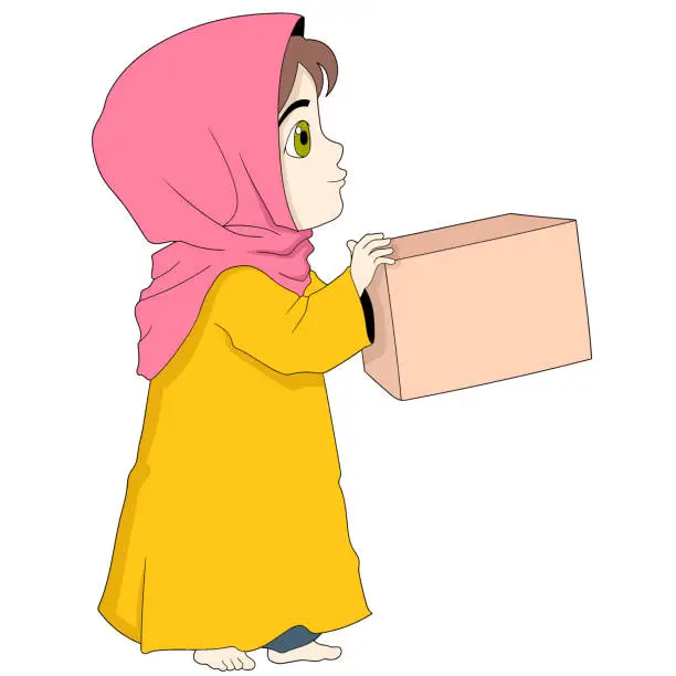Vector illustration of cartoon doodle illustration of daily activities, a Muslim girl wearing a hijab is carrying a cardboard box containing items to donate