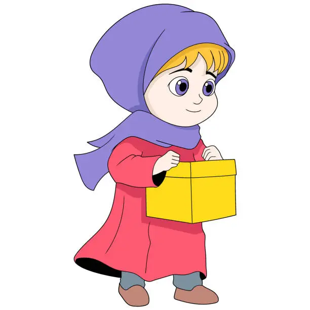 Vector illustration of Illustration of a Ramadan cartoon doodle giving charity, a Muslim girl wearing a hijab carrying a donation gift box for a cougar