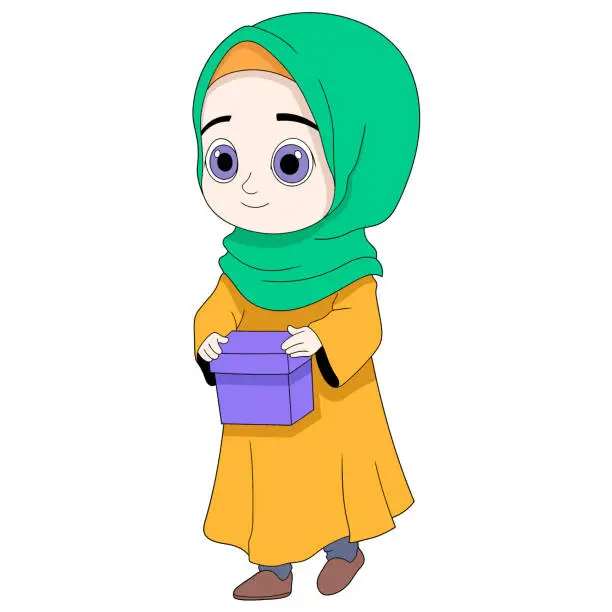 Vector illustration of Illustration of a Ramadan cartoon doodle giving charity, a Muslim girl wearing a hijab carrying a donation gift box