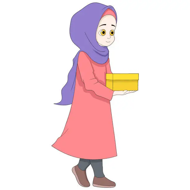 Vector illustration of Ramadan cartoon doodle illustration of charity, a Muslim girl wearing a hijab brings gifts to the poor