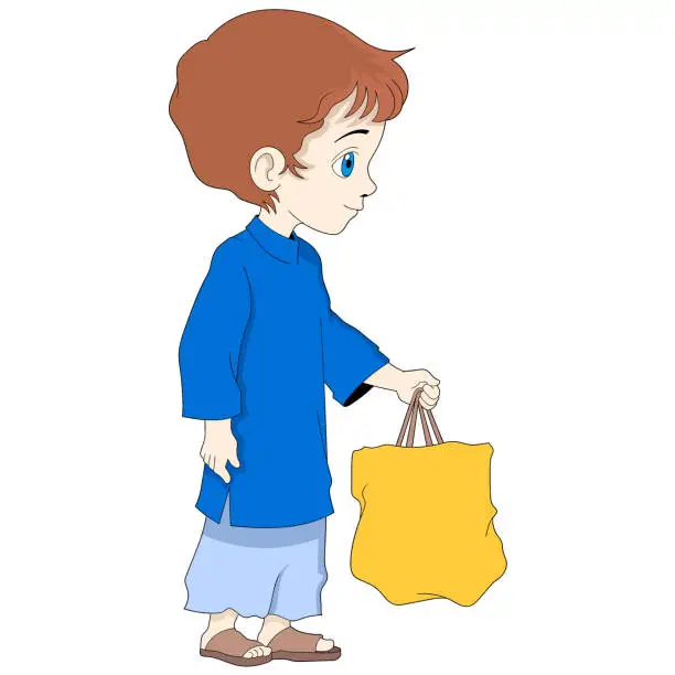 Vector illustration of Ramadan cartoon doodle illustration of charity, Muslim man carrying shopping bags to the market