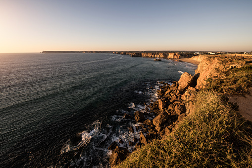 Beautiful Tonel beach with stunning cliffs surrounding it in Sagres, Algarve, Portugal. Surf spot in Sagres.