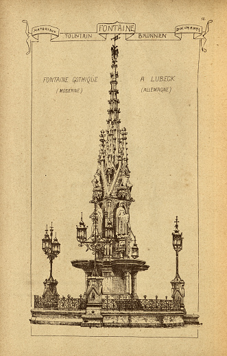 Vintage illustration Architectural fountain, , History of architecture, decoration and design, art, Victorian, 19th Century.