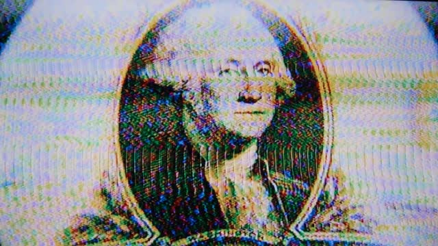 george washington glitching on a dollar bill, VHS type glitch effect