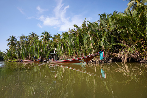 Two longtail boats in a canal in Surat Thani in Thailand
