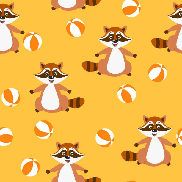 Vector illustration of Vector seamless repeating childish pattern with cute raccoon in doodle style. Animals background for invitation, poster, card, flyer, textile, fabric