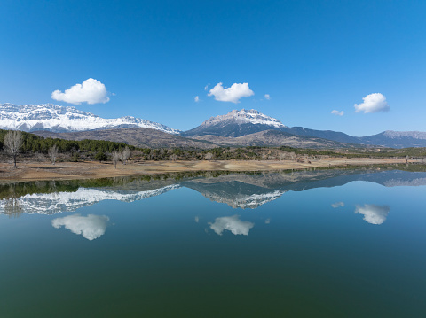 Beautifu reflection on lake in Konya, Turkey. Taken via drone.