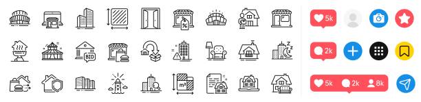 Sports stadium, Lighthouse and Skyscraper buildings line icons pack. For web app. Social media icons. Vector Sports stadium, Lighthouse and Skyscraper buildings line icons pack. Social media icons. Open door, Square area, Market sale web icon. Night city, Lease contract, Floor plan pictogram. Vector dangerous steak stock illustrations