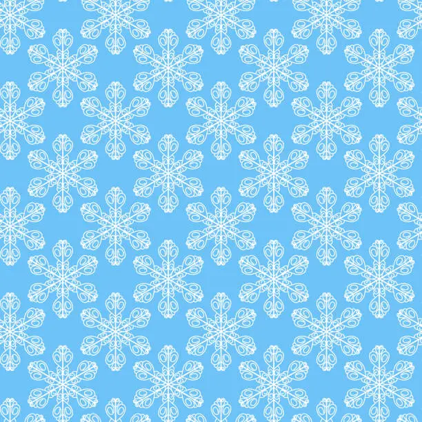 Vector illustration of Winter seamless pattern with white snowflakes on blue background. Vector illustration for fabric, textile wallpaper, posters, gift wrapping paper. Christmas vector illustration