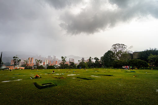 Medellin, Colombia - January 11, 2023: Panoramic of the Jardines Montesacro Cemetery, where the grave of Pablo Escobar Gaviria is located