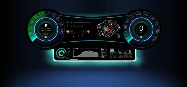 Vector illustration of Futuristic Digital Car Dashboard Display with Vibrant Colors and Detailed Information Readouts, Ideal for Modern Vehicle Interior Design Concepts