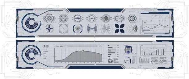 Vector illustration of Futuristic Interface Display - Detailed Blueprints and Diagrams of Advanced Technology, Perfect for Sci-Fi, Engineering, and Innovative Concepts