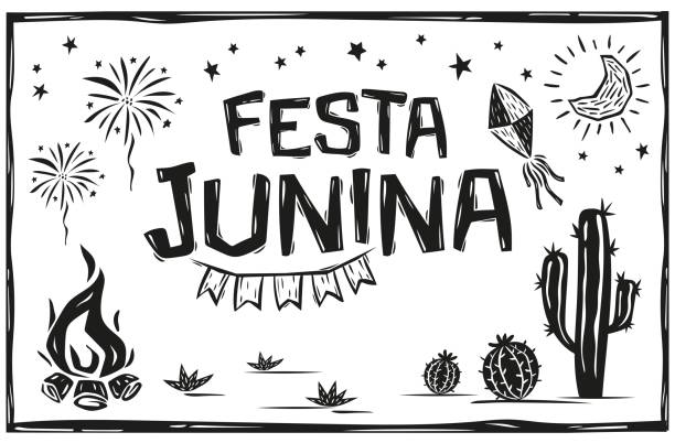 Festa Junina icon set. Flags, balloons, cacti, fireworks, all designed in the Brazilian cordel style. Vector illustration Set of hand-drawn icons in woodcut style of brazil cordel straw house stock illustrations