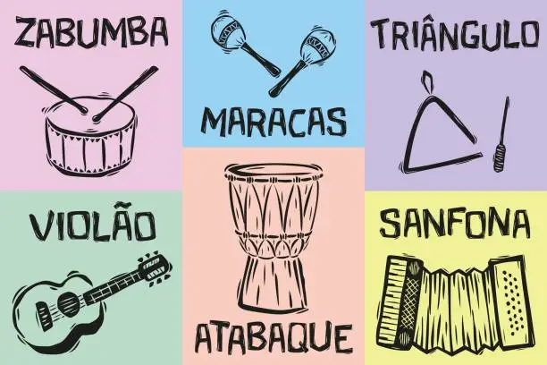 Vector illustration of Musical instruments from the north and northeast of Brazil. Zabumba, maracas, triangle, guitar, accordion and atabaque. Cordel Woodcut Style