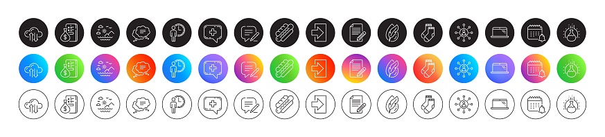 Calendar, Login and Hypoallergenic tested line icons. Round icon gradient buttons. Pack of Socks, Write, Sea mountains icon. Hotdog, Money, Medical chat pictogram. Vector