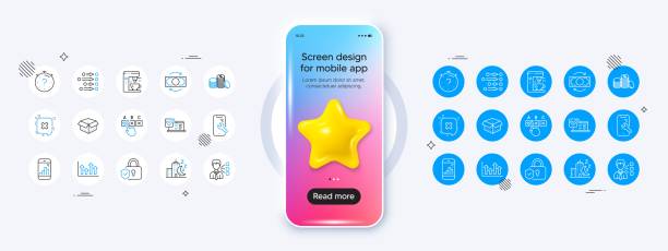 ikony odrzuć, telefon graficzny i wiersz zamówienia. w przypadku aplikacji internetowej, drukowanie. makieta telefonu z ikoną gwiazdy 3d. wektor - order repairing change telephone stock illustrations