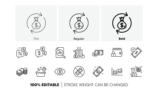 Lock, Business vision and Money exchange line icons. Pack of Dollar money, Analytics graph, Corrupt icon. Financial diagram, Savings, Radiator pictogram. Difficult stress. Line icons. Vector