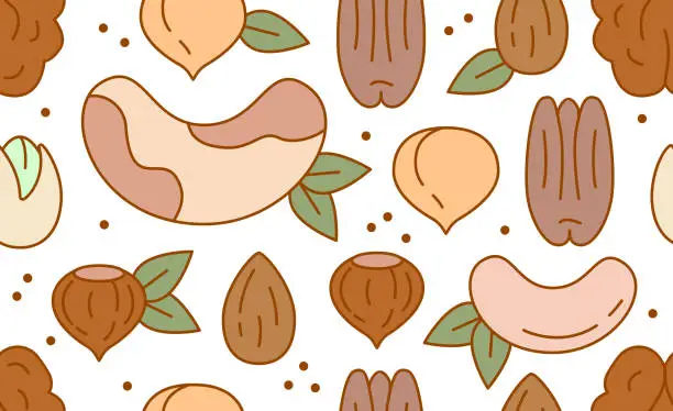 Vector illustration of Seamless pattern with different nuts. Vector illustration on white background. Brazil nuts, cashews, peanuts, walnuts, pecans, almonds, macadamia Nuts, Hazelnuts