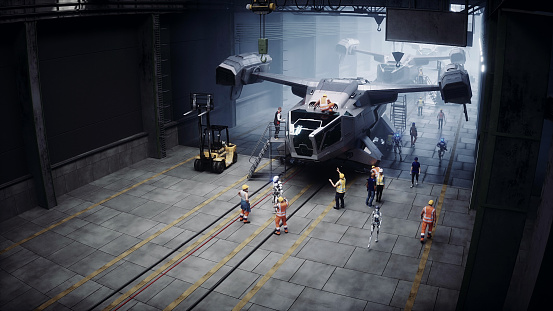 Robot walking. Production of military futuristic ship at the factory. Future concept. 3d rendering