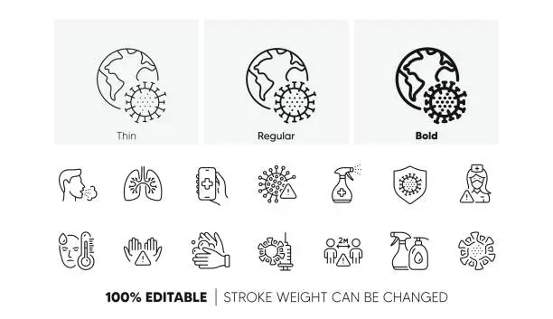 Vector illustration of Coronavirus line icons. Medical Mask, Washing Hands, Corona Virus Symptoms. Covid-19 pandemic. Line icons. Vector