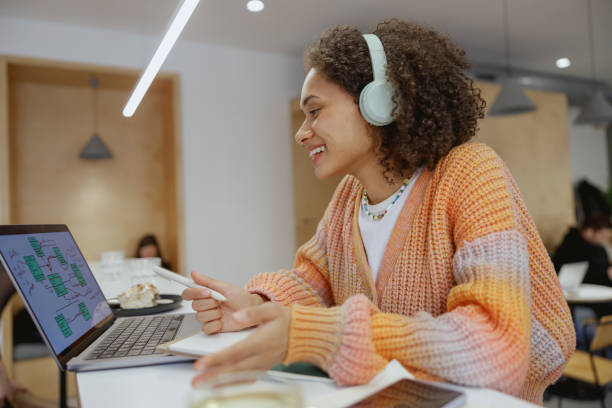 istock A woman with headphones is at a table using a laptop computer in a cozy minimalistic cafe 2082053591