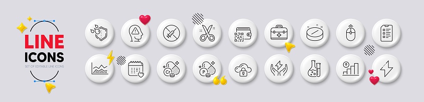 Safe energy, Chromium mineral and Healthcare calendar line icons. White buttons 3d icons. Pack of Qr code, Cloud protection, Checklist icon. No vaccine, Medical tablet, Mental health pictogram. Vector