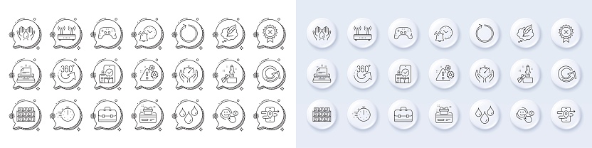 Safe water, Loyalty card and Boxes shelf line icons. White pin 3d buttons, chat bubbles icons. Pack of Gps, 360 degrees, Reject medal icon. Vector