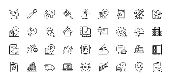 Floor plan, Lightning bolt and Warning message line icons pack. AI, Question and Answer, Map pin icons. Inspect, Brush, Petrol station web icon. Vector