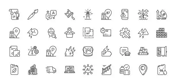 Vector illustration of Floor plan, Lightning bolt and Warning message line icons pack. For web app. Line icons. Vector