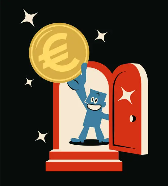 Vector illustration of A smiling blue man opens the door and shows the big money