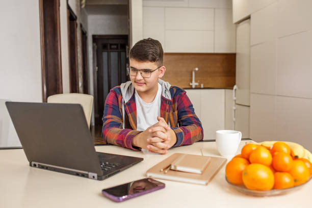 istock Focused Schoolboy Studying on Laptop at Home. Back to school. Gen Z. 2082096364