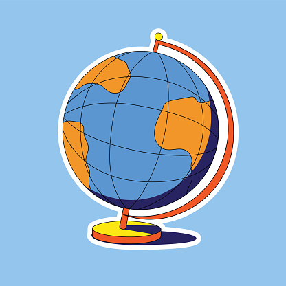 Bright vector sticker of school globe. Isolated sticker on blue background, vector illustration in cartoon style. Good match for you design in retro style.