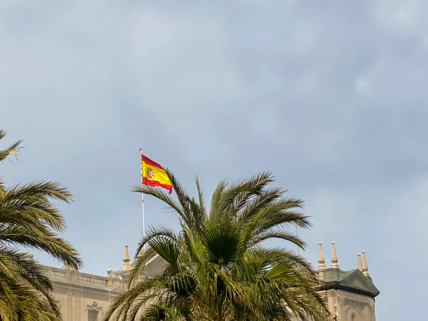 Spanish flag flying in the wind on top of a building