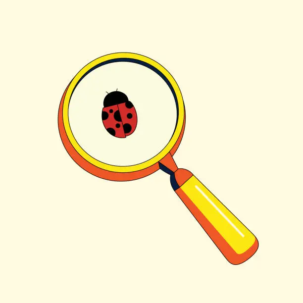 Vector illustration of Yellow magnifying glass. On a light yellow background. A magnifying glass magnifies an insect, a red ladybug with black spots.