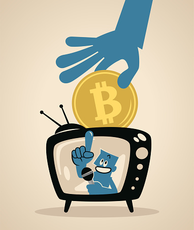 Blue Cartoon Characters Design Vector Art Illustration.
A blue man host on a TV screen talking with a microphone and a big hand putting money into the TV.