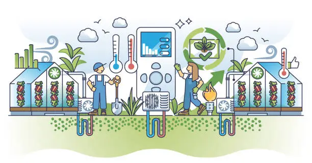 Vector illustration of HVAC services for effective greenhouses air flow automation outline concept