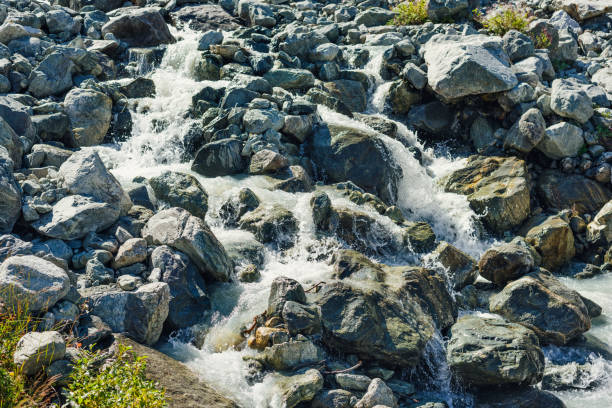 small shallow beautiful alpine stream with a fast flow and stones. crystal clear spring water in the mountains