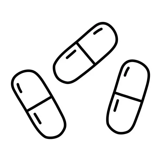 Vector illustration of Two parts capsule tablets or pills, cold and flu treatment, vector outline for coloring book