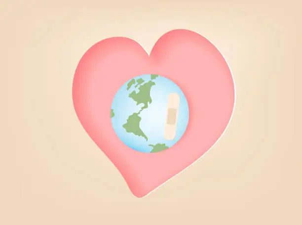 Vector illustration of Planet Earth sick in heart. Love your planet. Climate change and ecological problems. Vector flat illustration