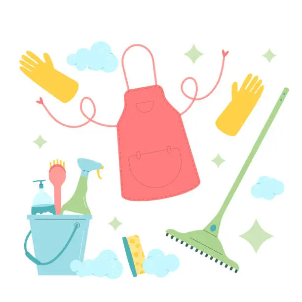 Vector illustration of Spring cleaning square composition kit. Bucket, apron gloves and mop spray various tools. Equipment elements for wash home set isolated on white background. Housework concept. Vector illustration