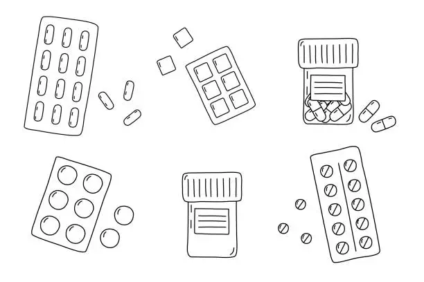 Vector illustration of Set of different pills in packages and bottles, doodle style flat vector outline for coloring book