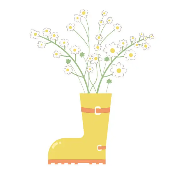 Vector illustration of Gardening summer fashion composition. Yellow rubber boot with flowers bouquet. Vector illustration isolated on white background